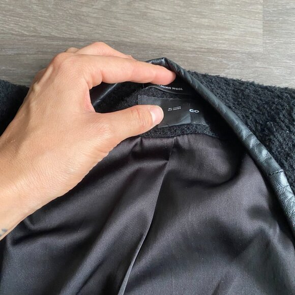 Club Monaco Black Italian Wool Bracelet-Sleeve Coat with Lamb Leather Trim - Picture 4 of 13